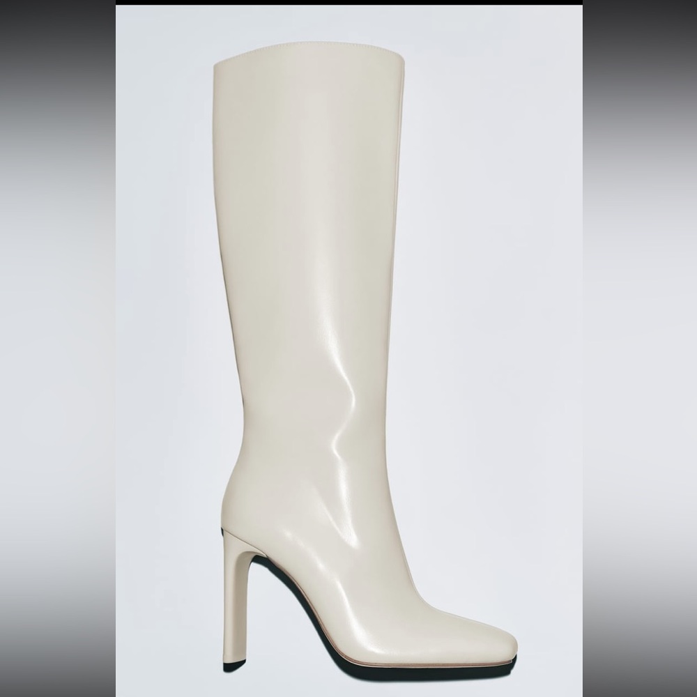Zara knee-high white heeled boots